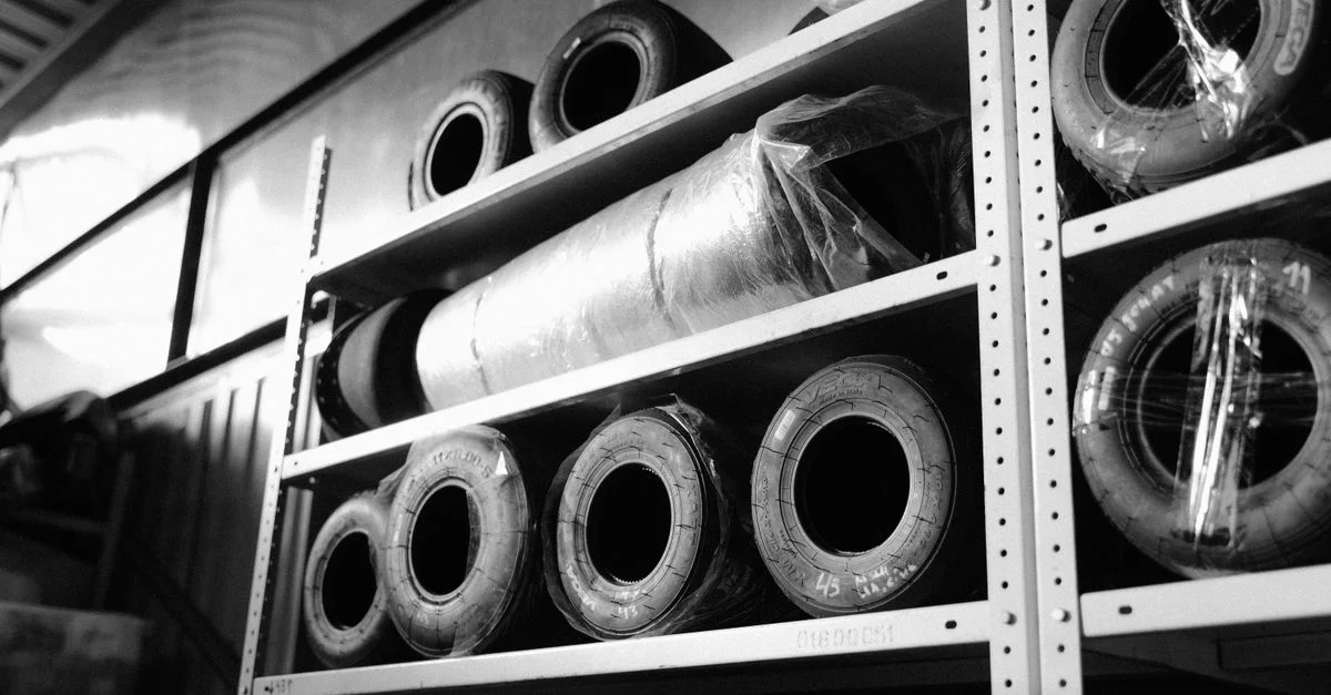 Image en noir et blanc de pneus de course stockés sur des étagères métalliques dans un entrepôt.