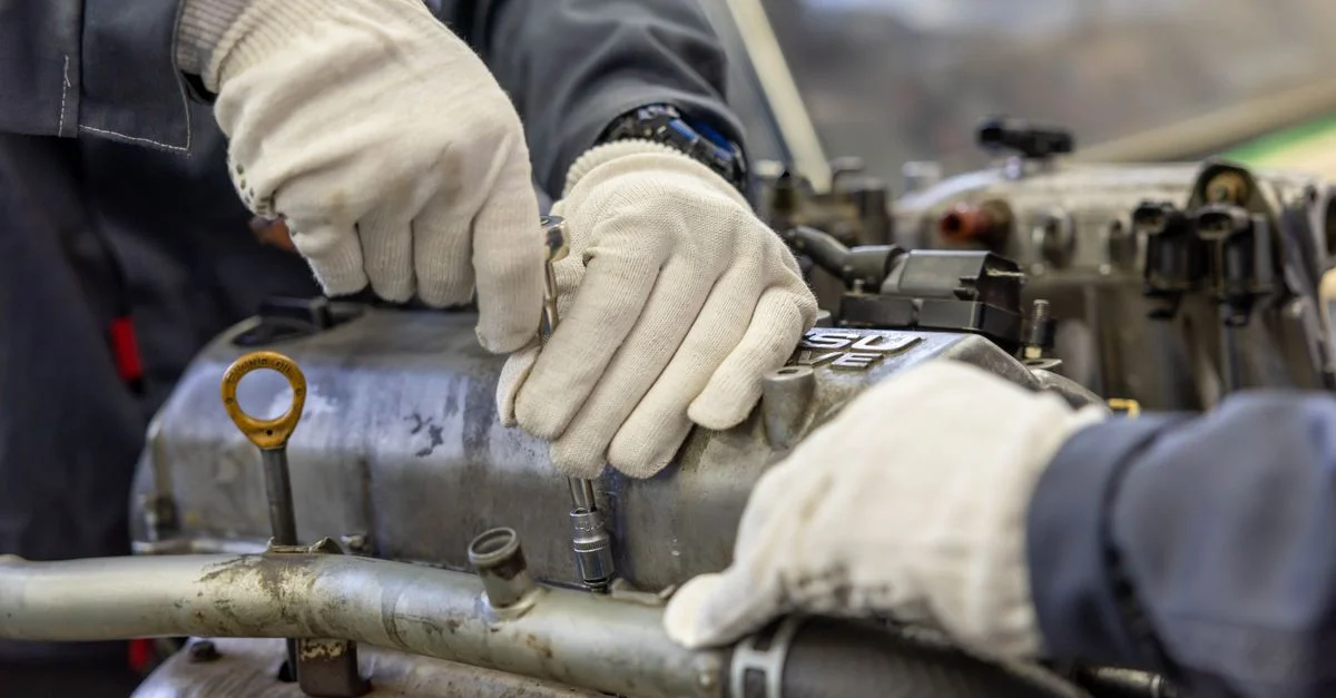 Gros plan sur les mains de mécanicien réparant le moteur, montrant le travail d'équipe et l'habileté.