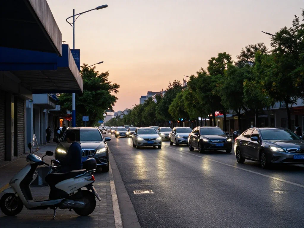 Rue urbaine animée au crépuscule avec voitures en mouvement et reflets de feux de signalisation.