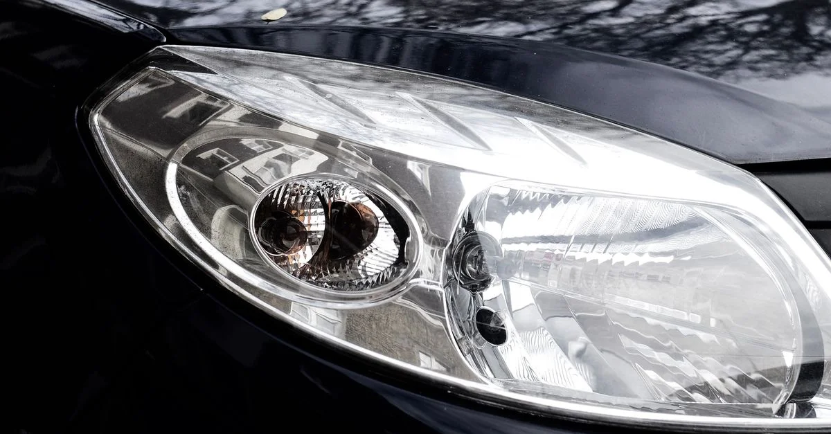 Plan détaillé d'un phare de voiture avec des reflets d'arbres sur la surface brillante, mettant en valeur le design automobile.