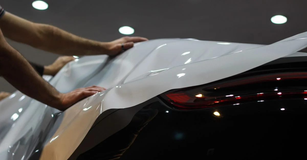 Un wrapping de voiture professionnel en cours, mettant en valeur l'amélioration d'un véhicule moderne élégant.