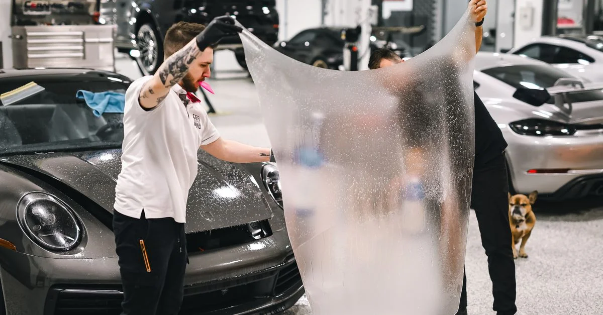 Deux professionnels appliquant une film protecteur sur une voiture de luxe dans un garage moderne.