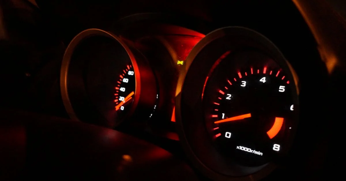 Une vue détaillée des cadrans de voiture illuminés sur le tableau de bord la nuit.