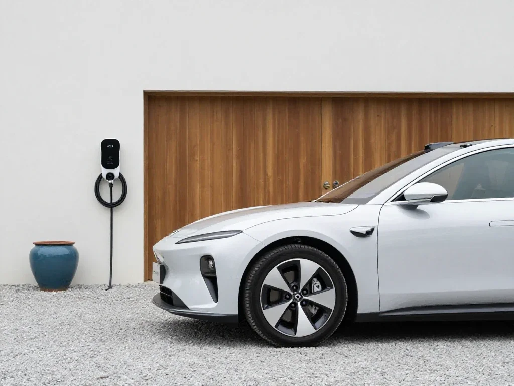 Voiture électrique blanche en cours de recharge sur une borne domestique moderne et épurée.